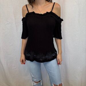 Anthropologie River Island Black Off the Shoulder Eyelet Top